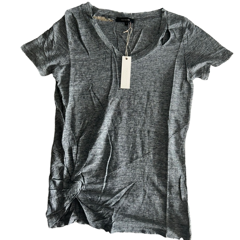 Olivaceous 100% Linen Distressed V-Neck Tee in Heather Grey NWT Size Small